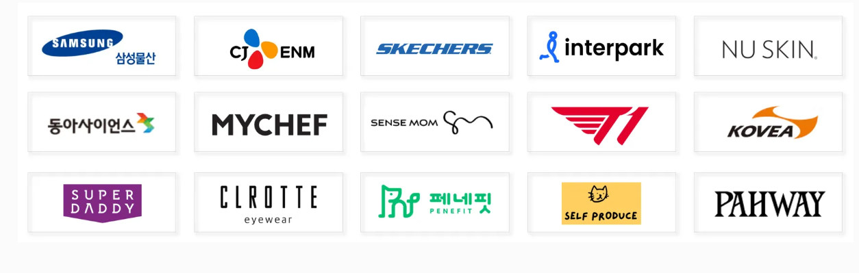 Kim, Yongseok이 진행한 브랜드 프로젝트 로고 모음 — Samsung 삼성물산, CJ ENM, Skechers, Interpark, Nu Skin, 동아사이언스, Mychef, Sense Mom, T1, Kovea, Super Daddy, Clrotte eyewear, 페네핏, Self Produce, Pahway